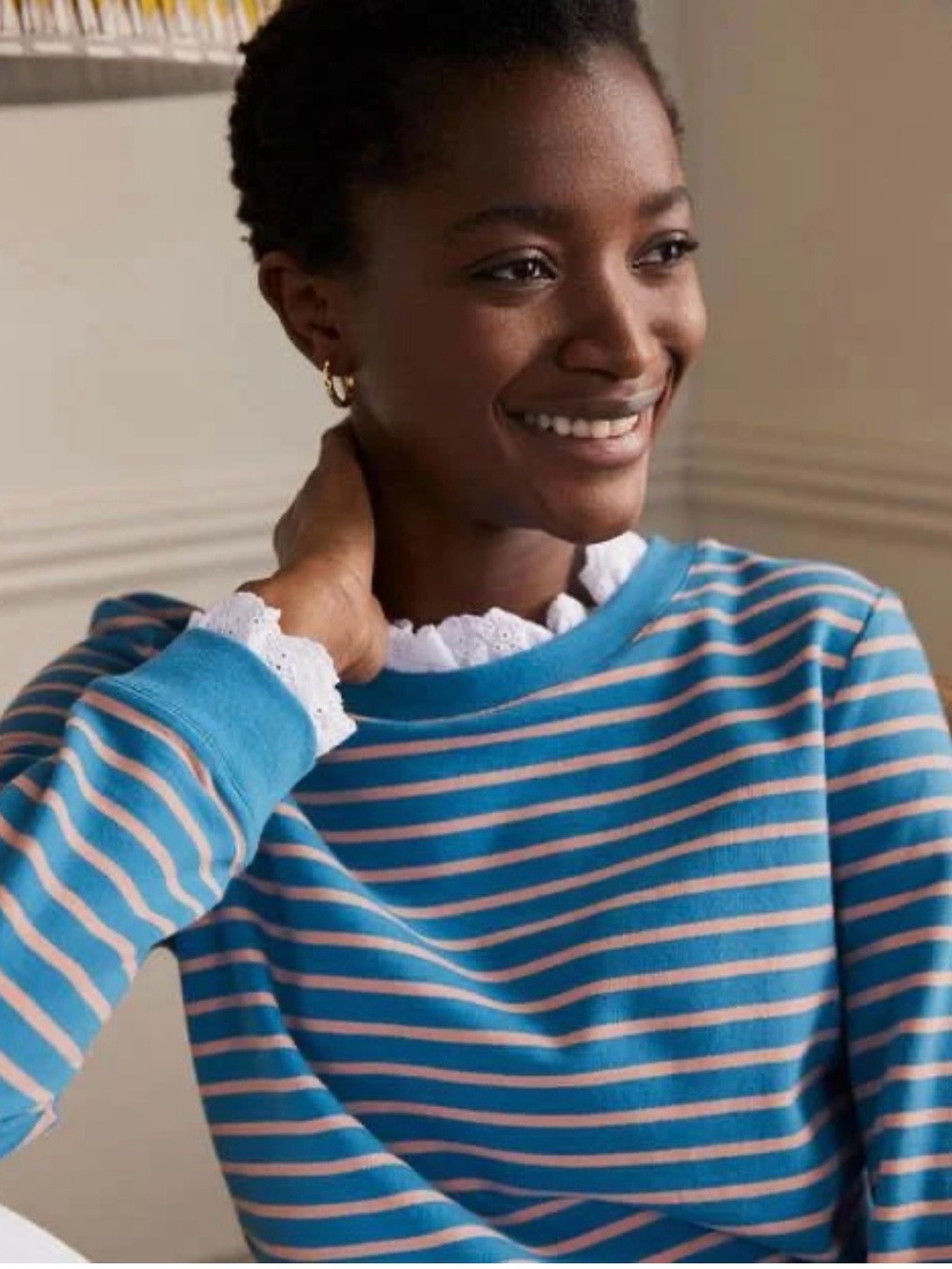 BODEN Blue and blush Pink Striped Knit Top with Eyelet Collar and cuffs Sz M